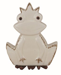 Frosch mit Krone sitzend Keramik/Metall weiß klein 14x6x17cm