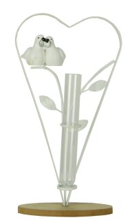 Vogelpaar in Herz, Vase, Metall, weiß, 12x5x25,5cm