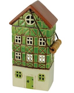 Laterne, Haus, Keramik, Fachwerk, grün, 13x9,5x26,5cm
