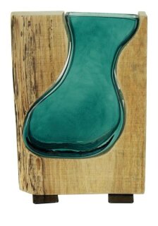 Glasvase blau im Holzrahmen, 16x8,8x22cm