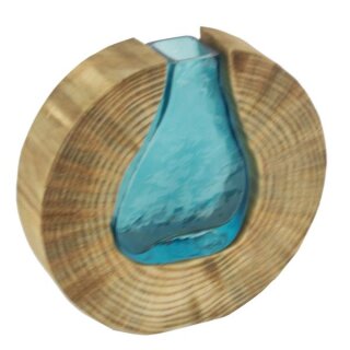 Glasvase blau im runden Holzrahmen, 22x4,5x19,3cm