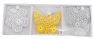 Hänger Blume/Herz/Schmetterling weiß/gelb, 3erSet in Box, Metall, ca. 7cm