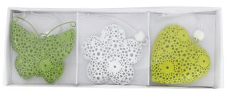 Hänger Blume/Herz/Schmetterling weiß/grün, 3erSet in Box, Metall, ca. 7cm