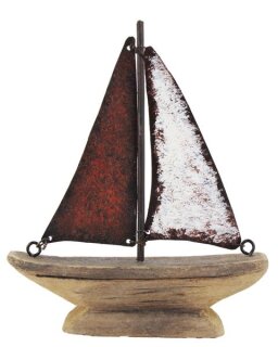 Segelboot klein, rot, Holz, 10,8x2,9x12,5cm