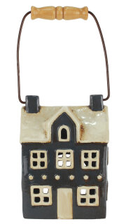 Laterne, Haus, Keramik, graublau, 12,5x9x17cm