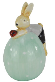 Hase auf Ei liegend klein, blau, Keramik, 6×6×9.5cm