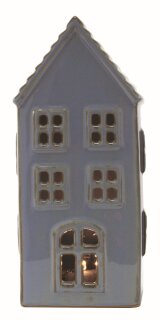 Haus groß, blau, m. LED, Keramik, 7,8x6,4x16,9cm