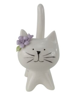 Katze weiß mit lila Blume, klein, Porzellan, 7x6,4x11,9cm