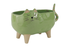 Pflanzgefäß Katze grün groß, Keramik, 23x12,5x14,4cm