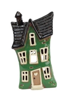 Windlicht Haus schief, grün, Keramik, 12x8x21cm